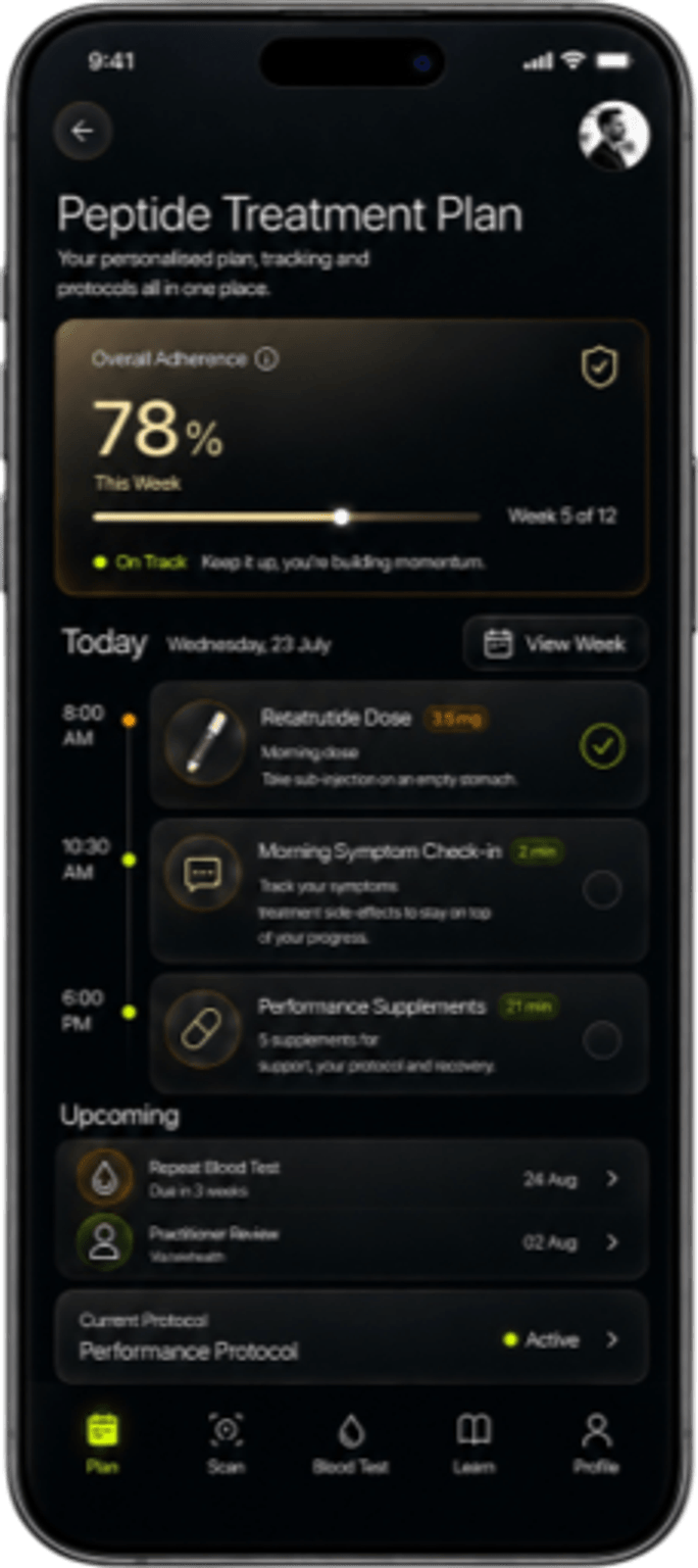 Zenith app Peptide Treatment Plan screen showing adherence tracking, today's schedule and current protocol