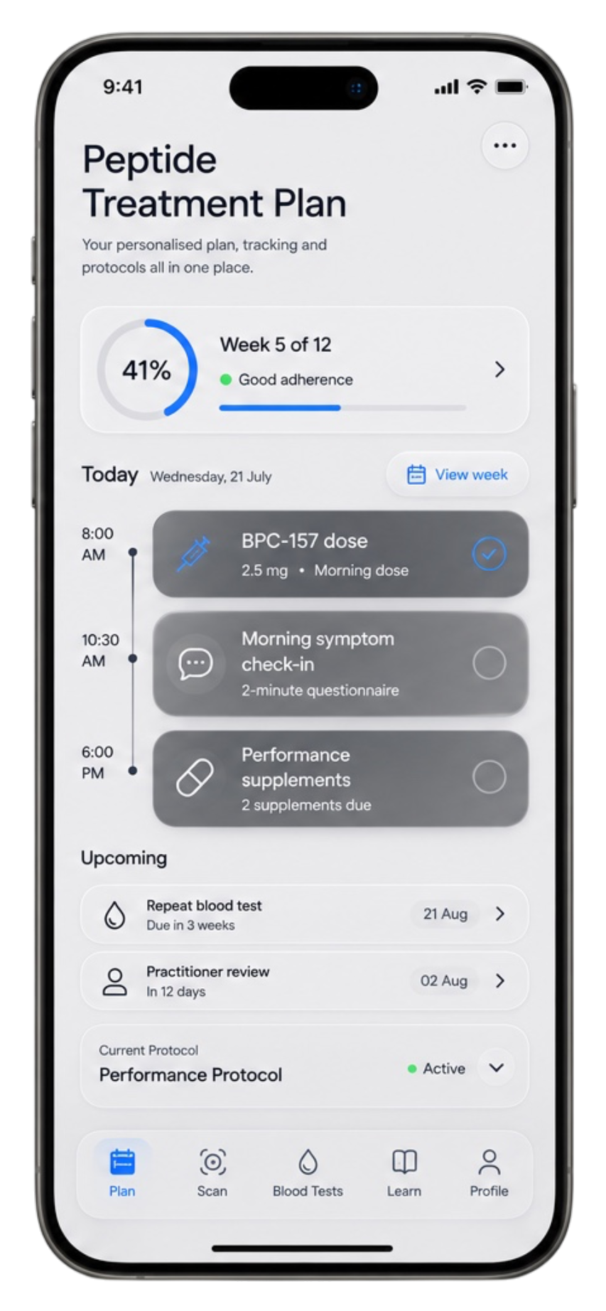 Zenith peptide treatment plan showing weekly progress, daily schedule, upcoming bloodwork and practitioner review