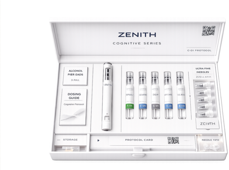 Zenith Cognitive Series protocol box opened showing vials, pen injector, dosing guide, and clinical accessories