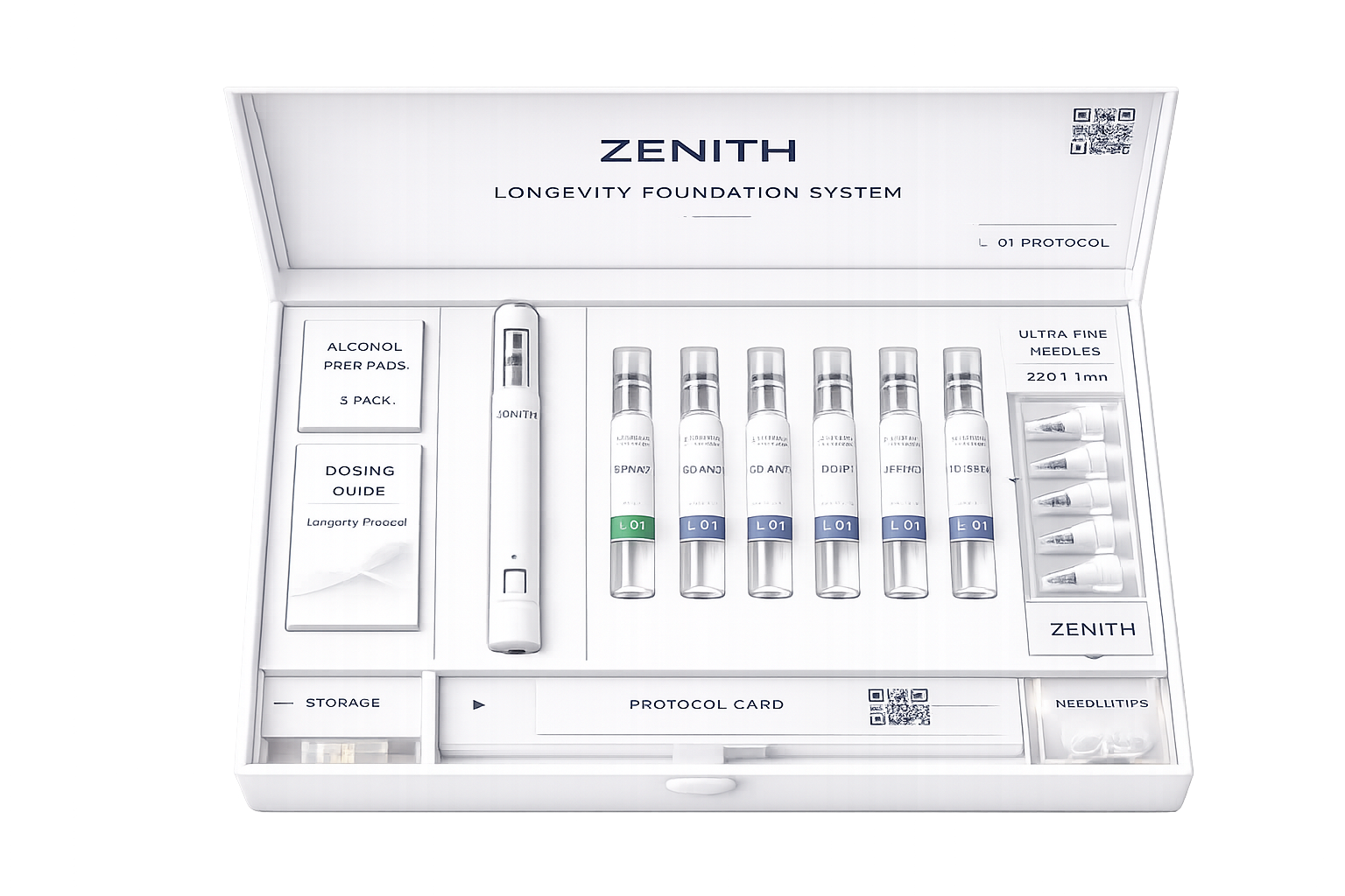 Zenith Longevity Foundation System protocol box opened showing vials, pen injector, dosing guide, and clinical accessories