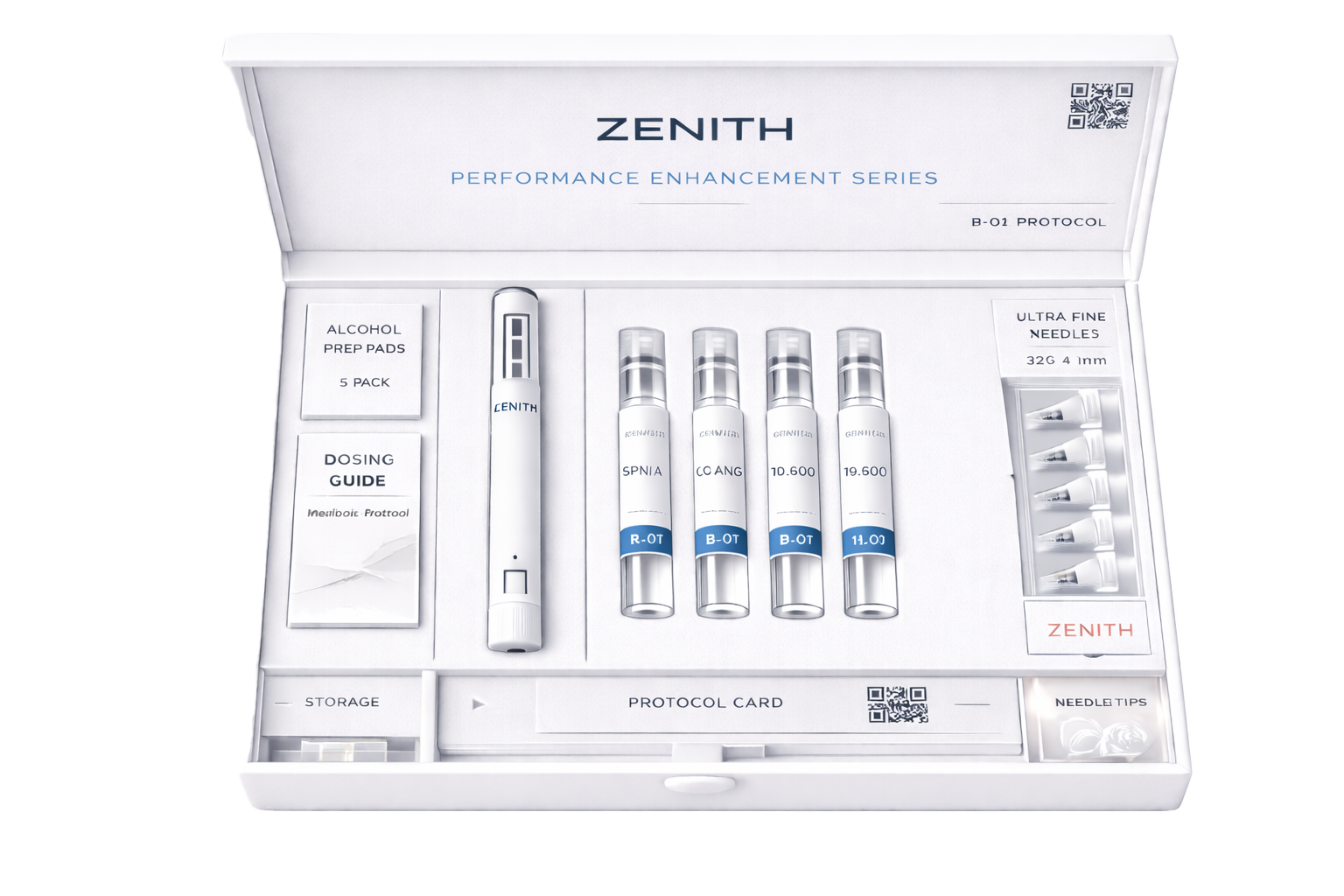 Zenith Performance Enhancement Series protocol box opened showing vials with blue bands, pen injector, dosing guide, and clinical accessories